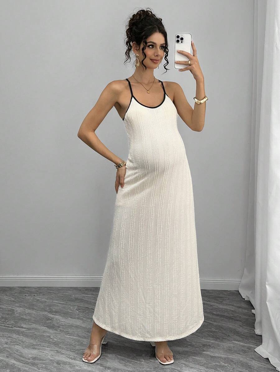 Maternity Colorblock Cami Long Dress - Spaghetti Strap, Round Neck, Slim Fit, Apricot