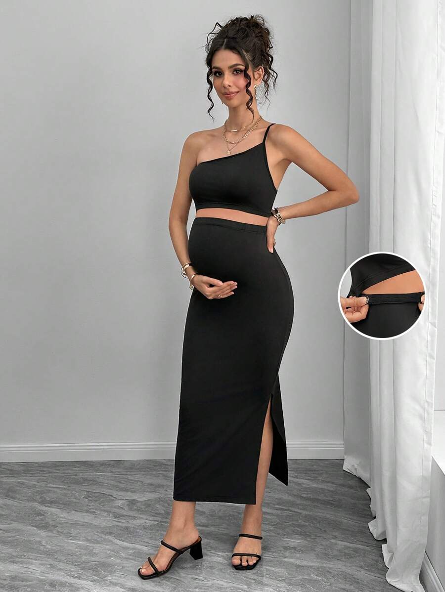 Maternity Bodycon Midi Dress - One Shoulder Asymmetric Neck, Cut Out, Slit Hem, Slim Fit, Black
