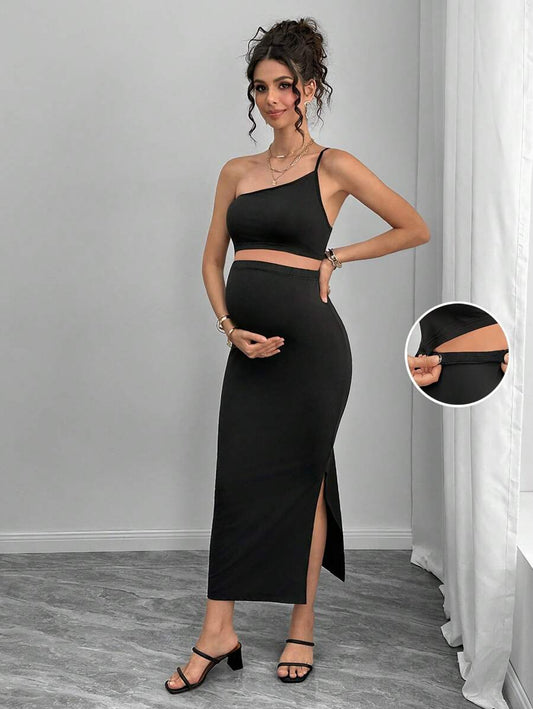 Maternity Bodycon Midi Dress - One Shoulder Asymmetric Neck, Cut Out, Slit Hem, Slim Fit, Black