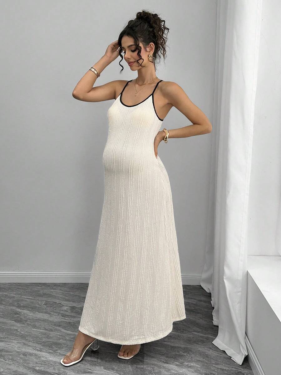 Maternity Colorblock Cami Long Dress - Spaghetti Strap, Round Neck, Slim Fit, Apricot