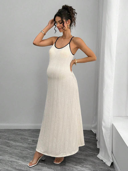 Maternity Colorblock Cami Long Dress - Spaghetti Strap, Round Neck, Slim Fit, Apricot