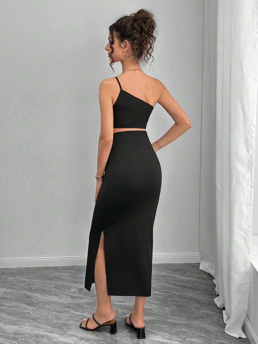 Maternity Bodycon Midi Dress - One Shoulder Asymmetric Neck, Cut Out, Slit Hem, Slim Fit, Black