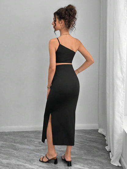 Maternity Bodycon Midi Dress - One Shoulder Asymmetric Neck, Cut Out, Slit Hem, Slim Fit, Black