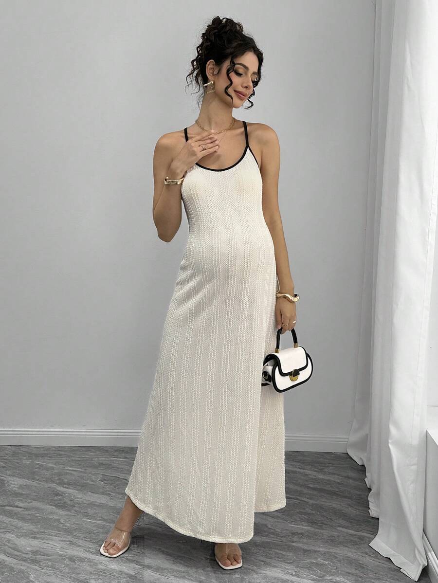 Maternity Colorblock Cami Long Dress - Spaghetti Strap, Round Neck, Slim Fit, Apricot