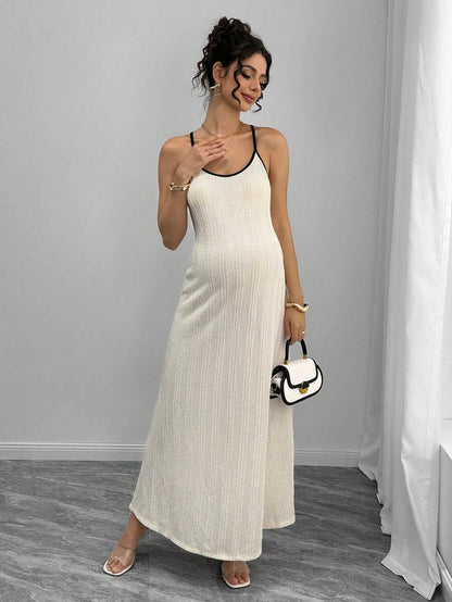 Maternity Colorblock Cami Long Dress - Spaghetti Strap, Round Neck, Slim Fit, Apricot