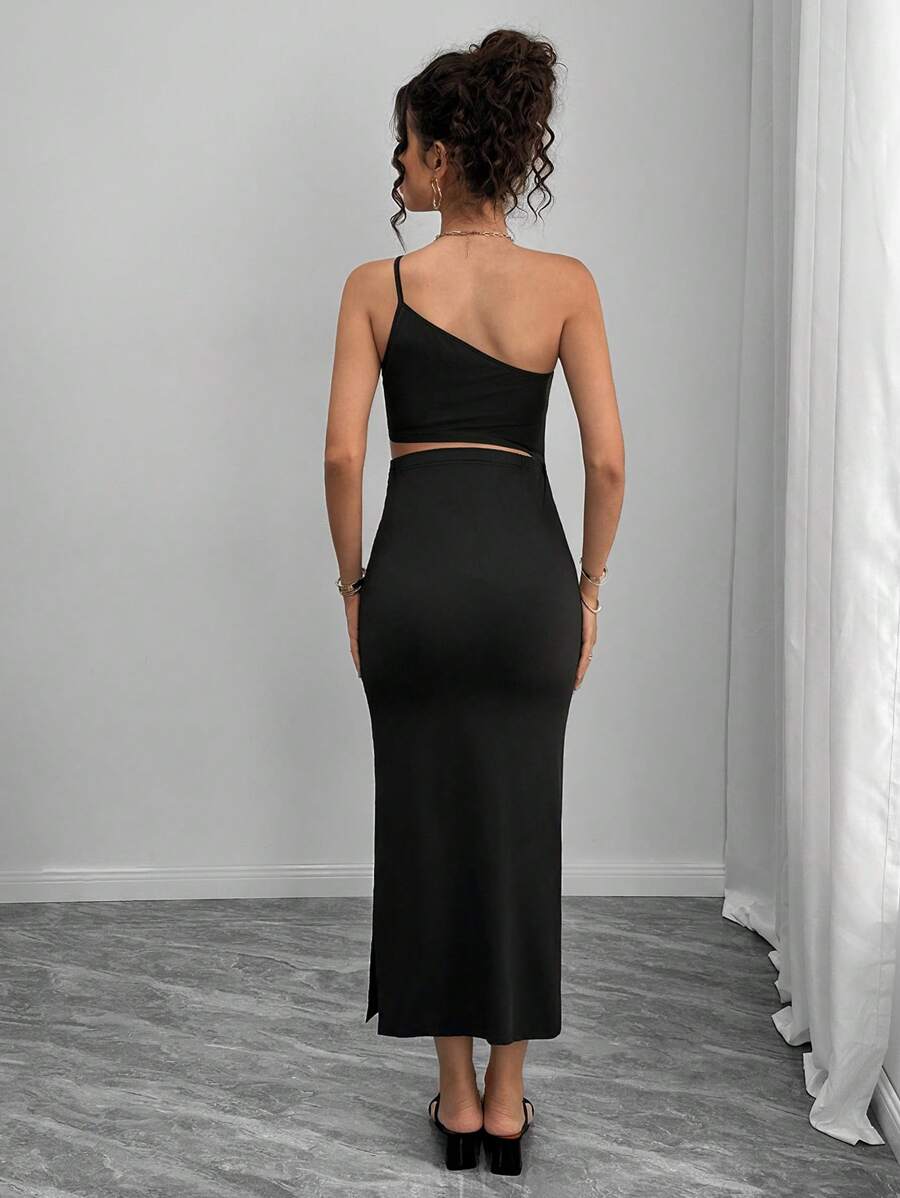 Maternity Bodycon Midi Dress - One Shoulder Asymmetric Neck, Cut Out, Slit Hem, Slim Fit, Black