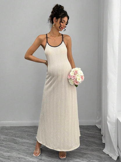 Maternity Colorblock Cami Long Dress - Spaghetti Strap, Round Neck, Slim Fit, Apricot