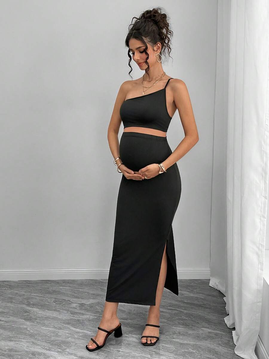 Maternity Bodycon Midi Dress - One Shoulder Asymmetric Neck, Cut Out, Slit Hem, Slim Fit, Black