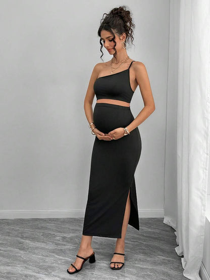 Maternity Bodycon Midi Dress - One Shoulder Asymmetric Neck, Cut Out, Slit Hem, Slim Fit, Black