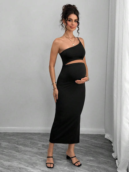 Maternity Bodycon Midi Dress - One Shoulder Asymmetric Neck, Cut Out, Slit Hem, Slim Fit, Black
