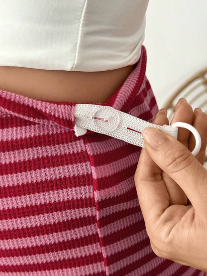 Maternity Striped Biker Shorts - Adjustable Waist Mid-Thigh Summer Casual