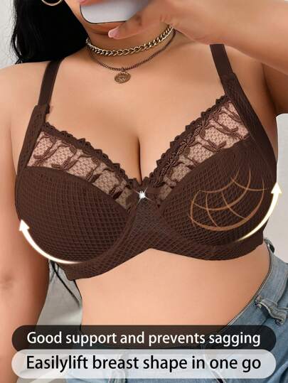 1pc Plus Size Women Lace Applique Mesh Underwire Bra, Lift