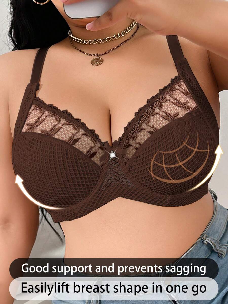 1pc Plus Size Women Lace Applique Mesh Underwire Bra, Lift