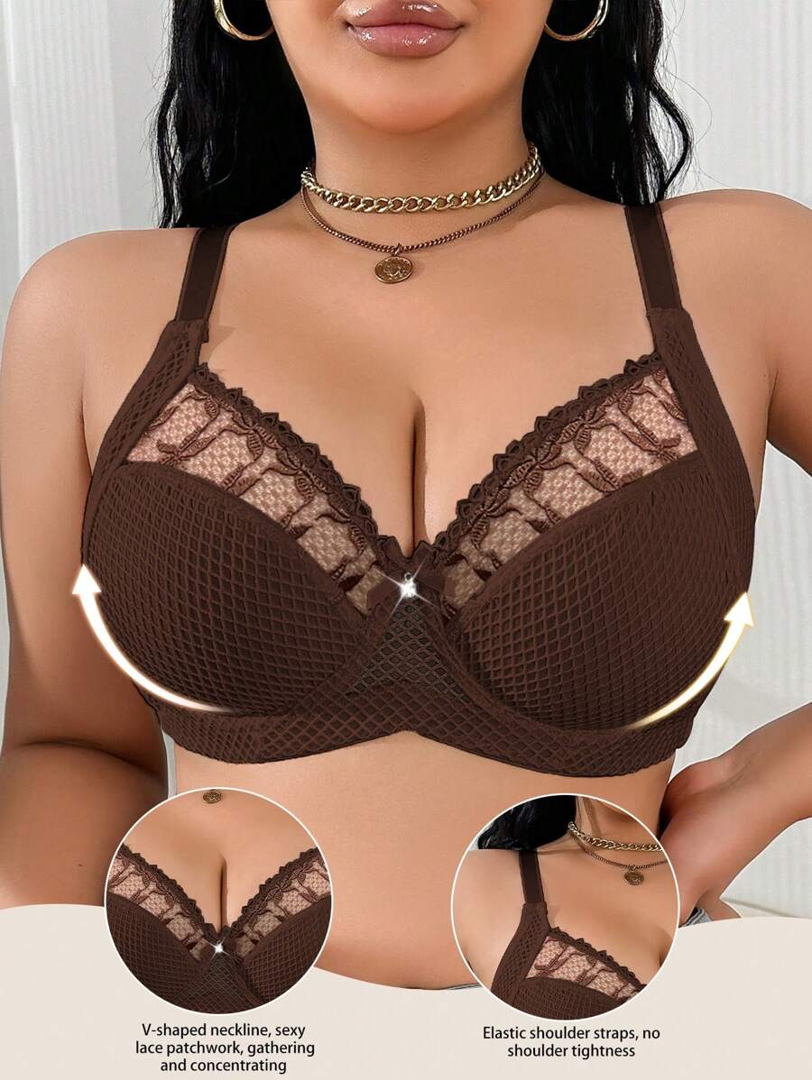1pc Plus Size Women Lace Applique Mesh Underwire Bra, Lift