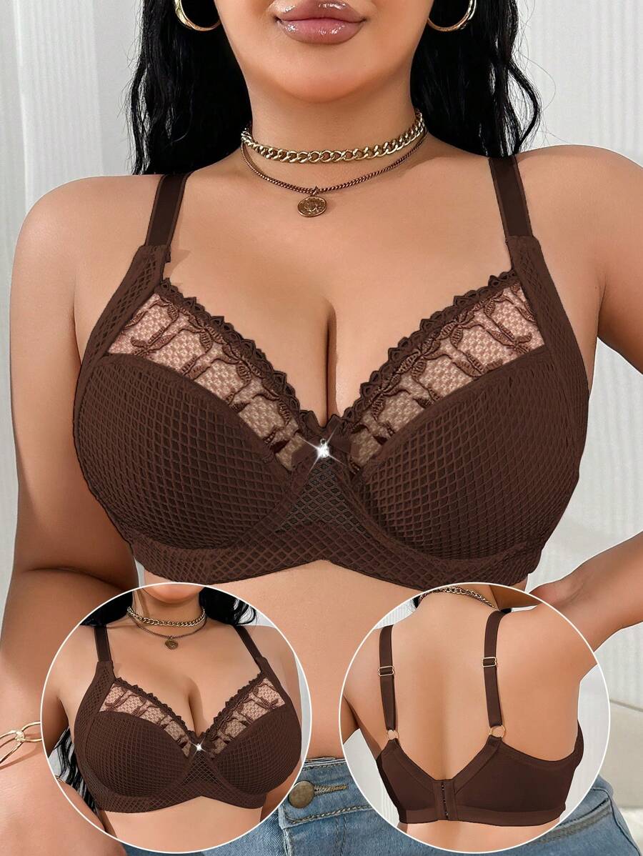 1pc Plus Size Women Lace Applique Mesh Underwire Bra, Lift