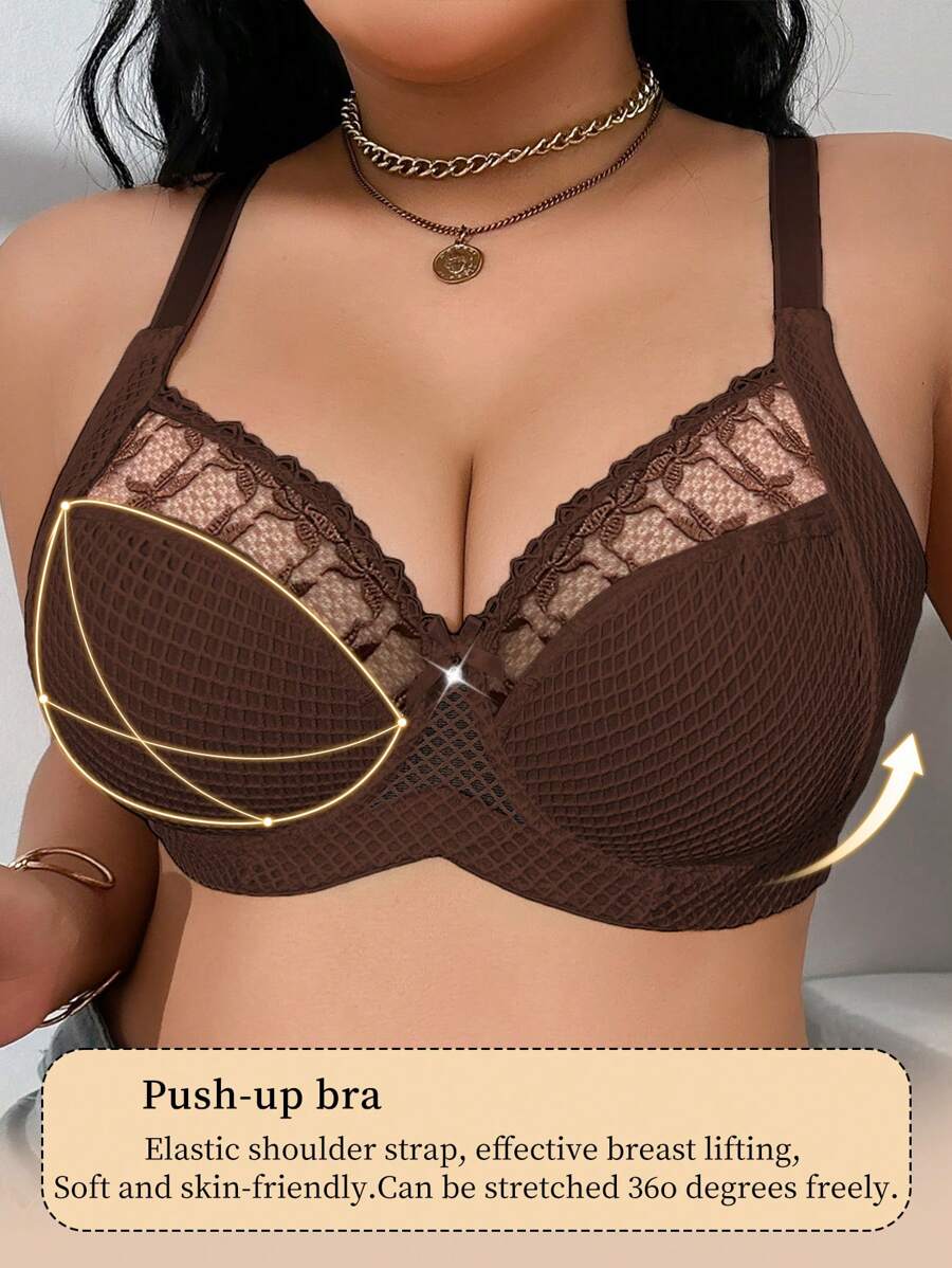 1pc Plus Size Women Lace Applique Mesh Underwire Bra, Lift