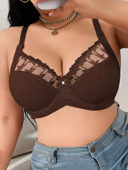 1pc Plus Size Women Lace Applique Mesh Underwire Bra, Lift