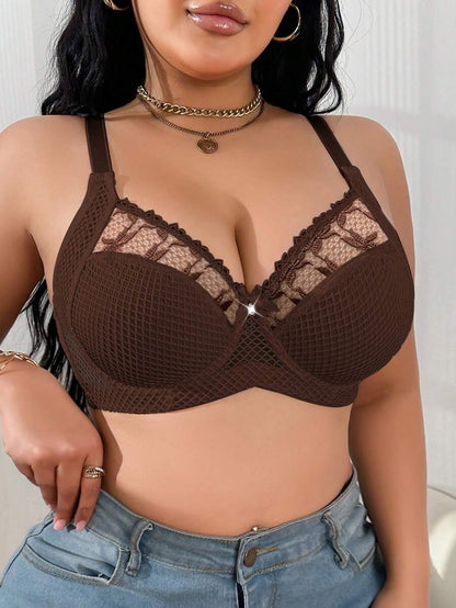 1pc Plus Size Women Lace Applique Mesh Underwire Bra, Lift