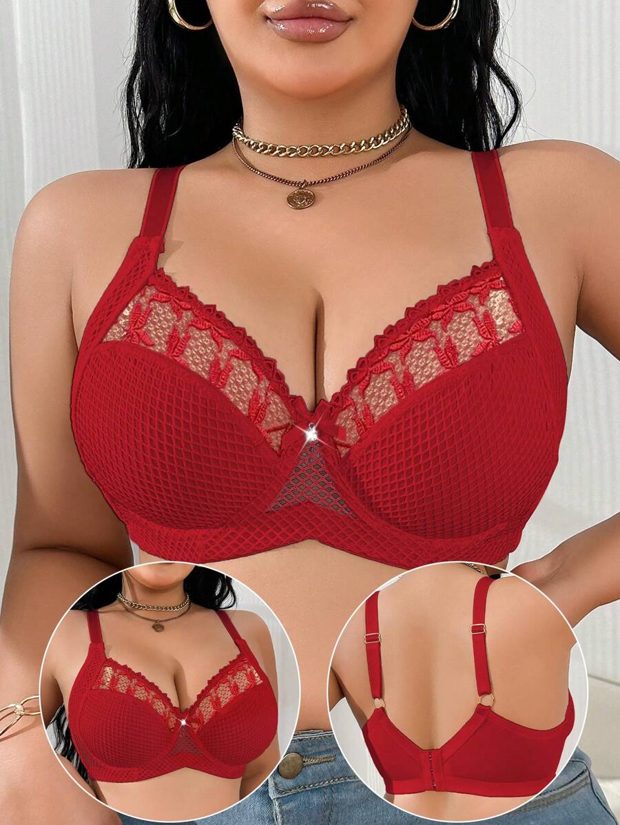 1pc Plus Size Women Lace Applique Mesh Underwire Bra, Lift