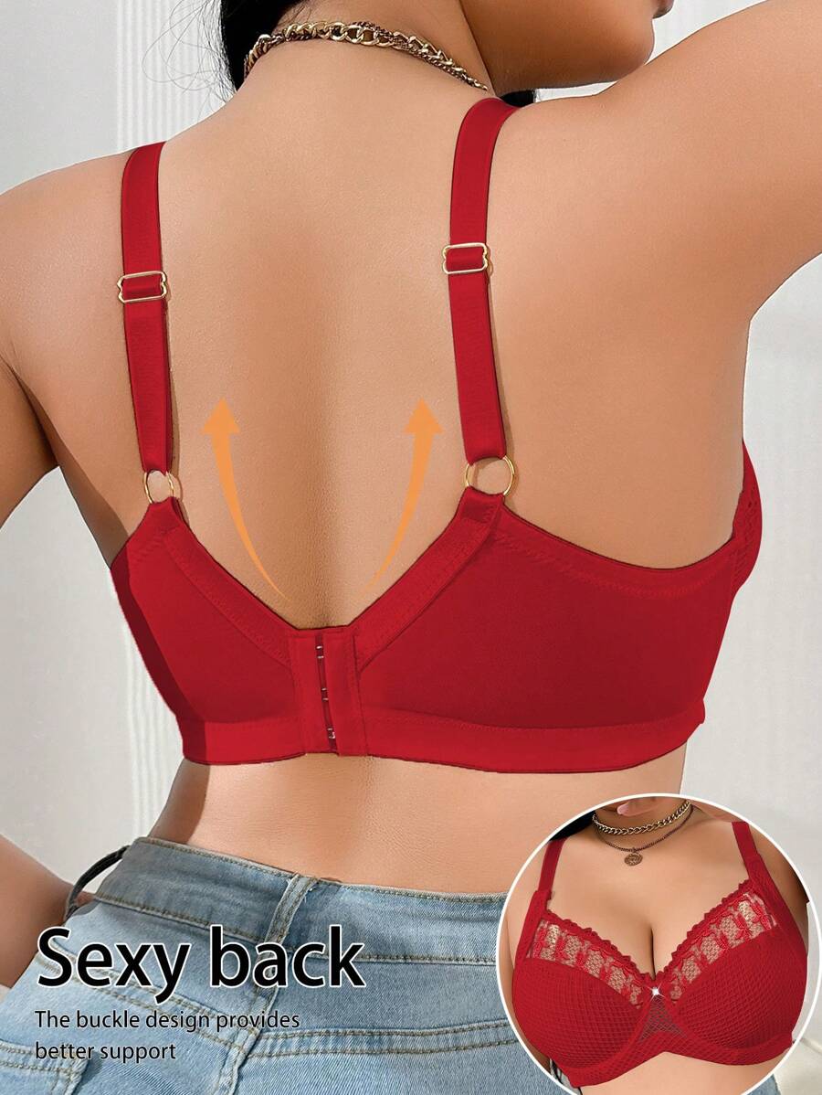 1pc Plus Size Women Lace Applique Mesh Underwire Bra, Lift
