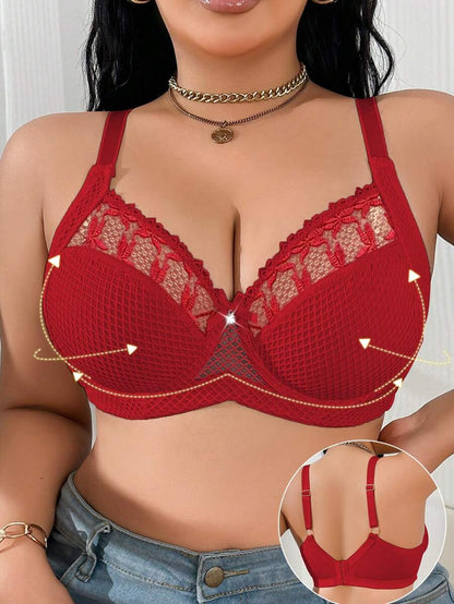 1pc Plus Size Women Lace Applique Mesh Underwire Bra, Lift