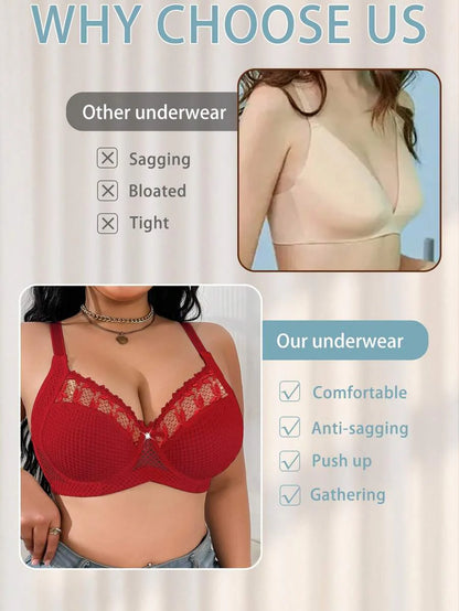 1pc Plus Size Women Lace Applique Mesh Underwire Bra, Lift