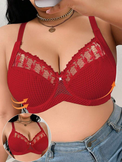 1pc Plus Size Women Lace Applique Mesh Underwire Bra, Lift