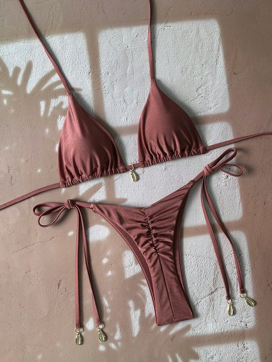 Swim Chiccia Women Spring Break Summer Beach Solid Color Halter Tie Sexy Bikini Swimsuit Set
