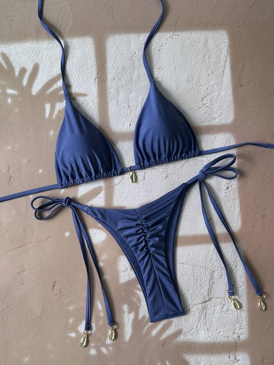 Swim Chiccia Women Spring Break Summer Beach Solid Color Halter Tie Sexy Bikini Swimsuit Set