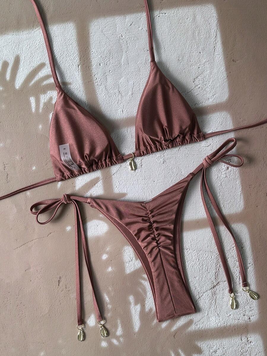 Swim Chiccia Women Spring Break Summer Beach Solid Color Halter Tie Sexy Bikini Swimsuit Set