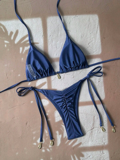 Swim Chiccia Women Spring Break Summer Beach Solid Color Halter Tie Sexy Bikini Swimsuit Set
