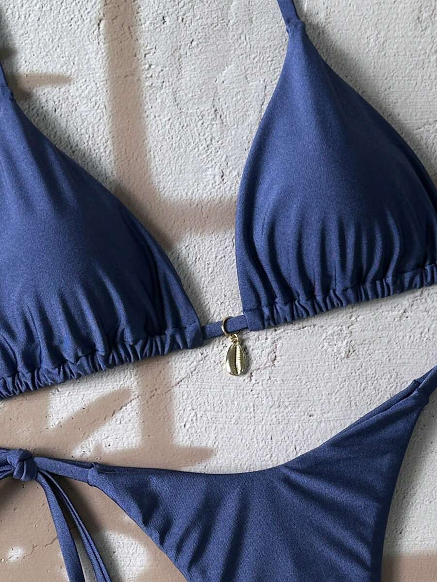 Swim Chiccia Women Spring Break Summer Beach Solid Color Halter Tie Sexy Bikini Swimsuit Set