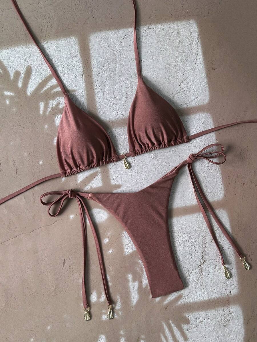 Swim Chiccia Women Spring Break Summer Beach Solid Color Halter Tie Sexy Bikini Swimsuit Set