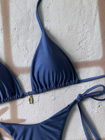 Swim Chiccia Women Spring Break Summer Beach Solid Color Halter Tie Sexy Bikini Swimsuit Set