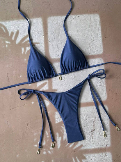 Swim Chiccia Women Spring Break Summer Beach Solid Color Halter Tie Sexy Bikini Swimsuit Set