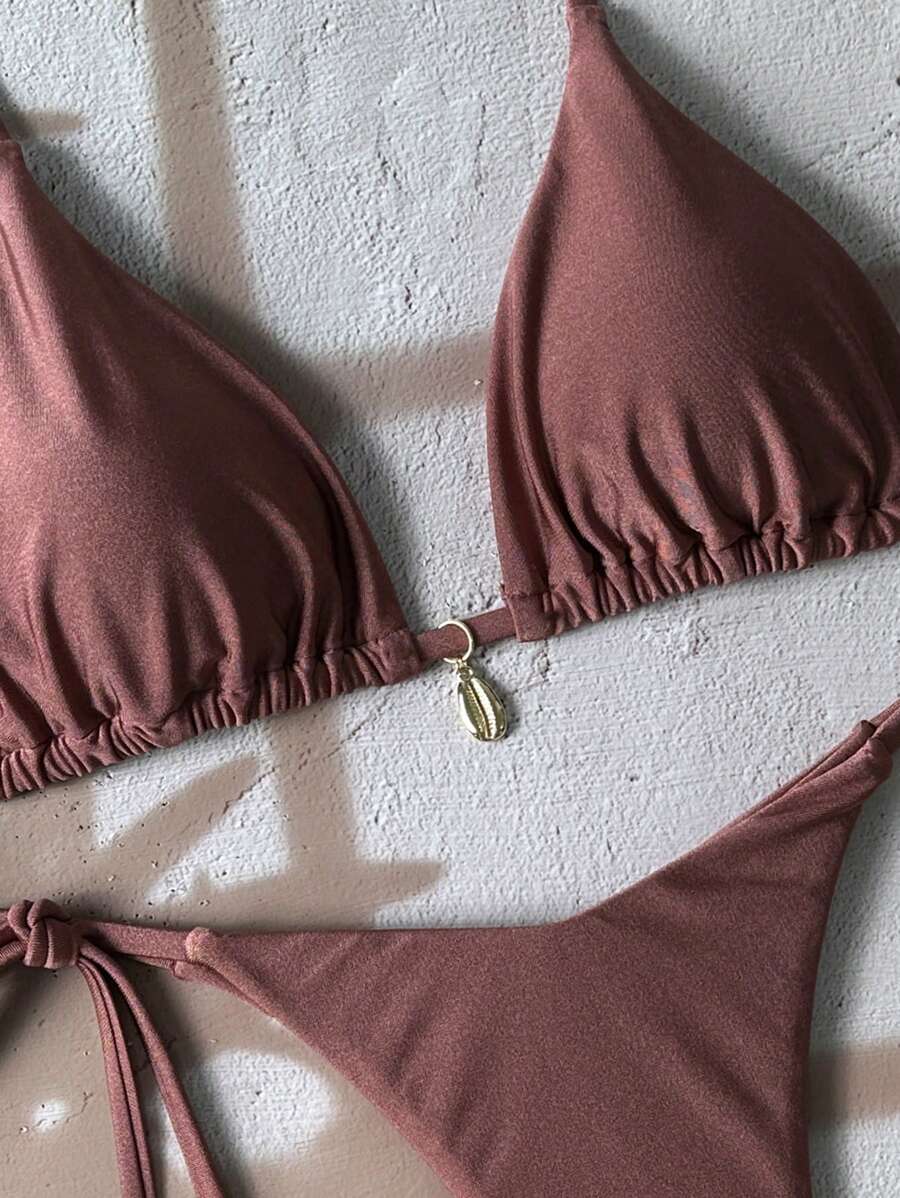 Swim Chiccia Women Spring Break Summer Beach Solid Color Halter Tie Sexy Bikini Swimsuit Set
