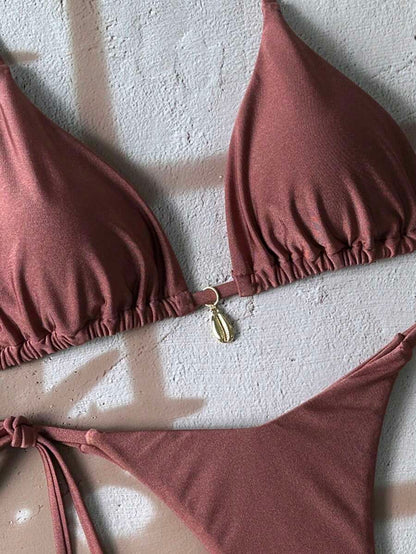 Swim Chiccia Women Spring Break Summer Beach Solid Color Halter Tie Sexy Bikini Swimsuit Set