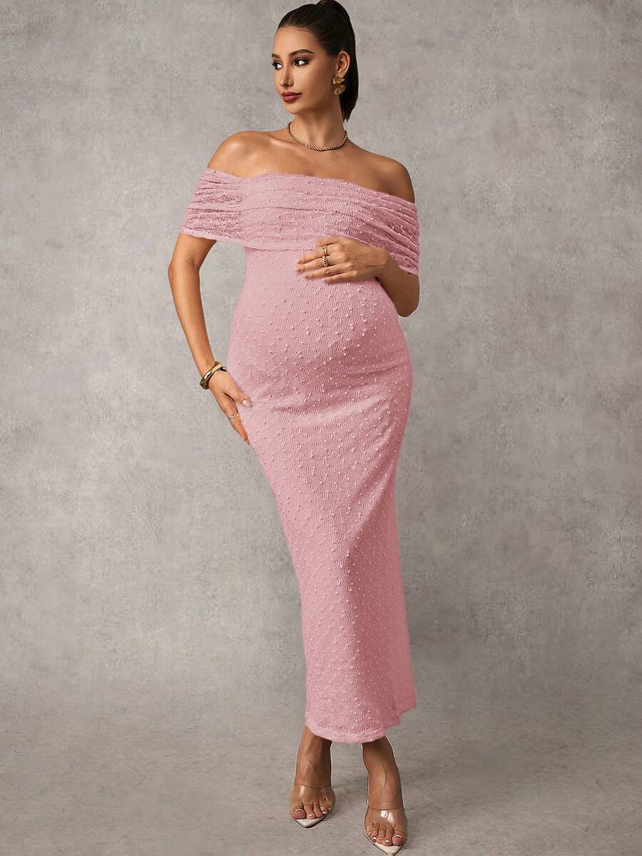 Maternity Off Shoulder Maxi Dress - Bodycon, Cap Sleeve, Apricot, Wedding