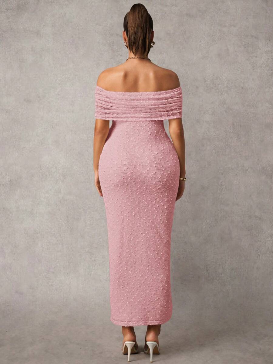 Maternity Off Shoulder Maxi Dress - Bodycon, Cap Sleeve, Apricot, Wedding
