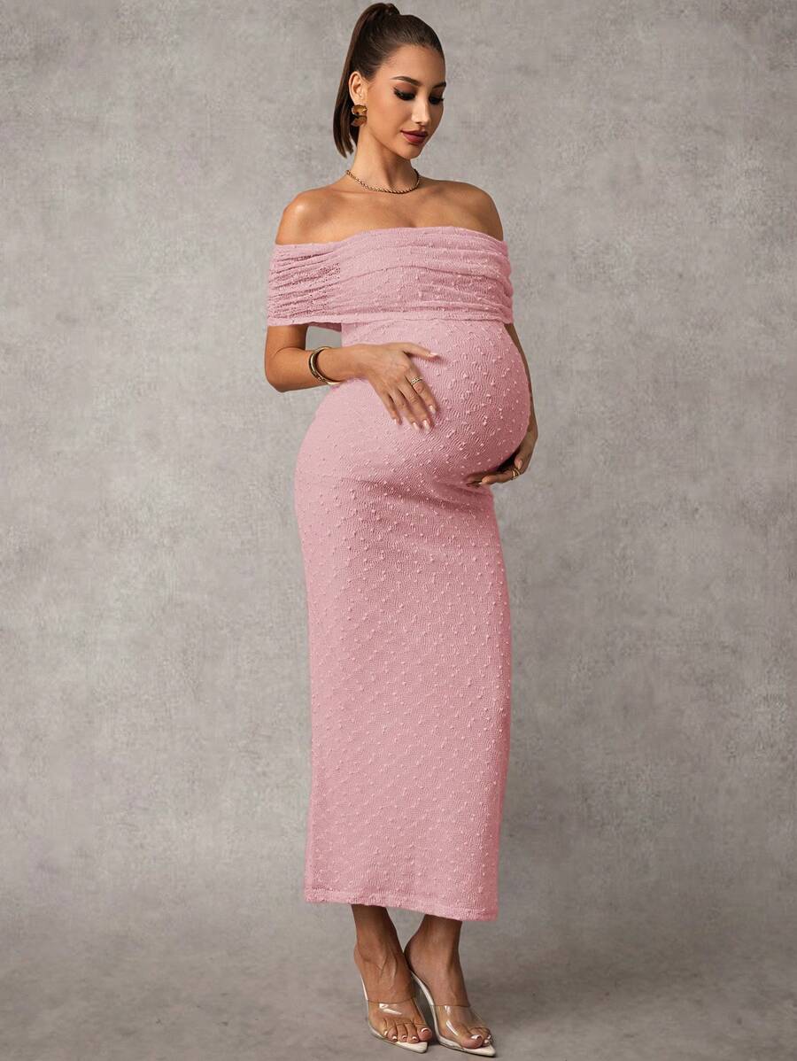 Maternity Off Shoulder Maxi Dress - Bodycon, Cap Sleeve, Apricot, Wedding