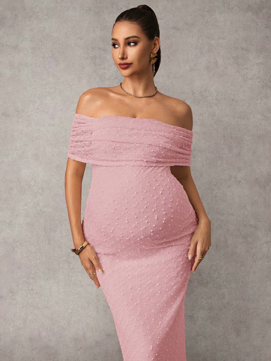 Maternity Off Shoulder Maxi Dress - Bodycon, Cap Sleeve, Apricot, Wedding