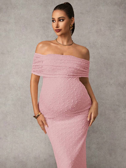 Maternity Off Shoulder Maxi Dress - Bodycon, Cap Sleeve, Apricot, Wedding
