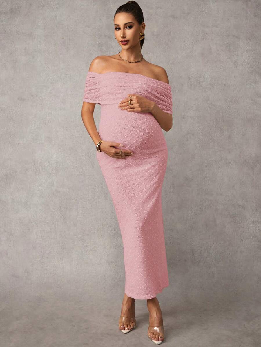 Maternity Off Shoulder Maxi Dress - Bodycon, Cap Sleeve, Apricot, Wedding