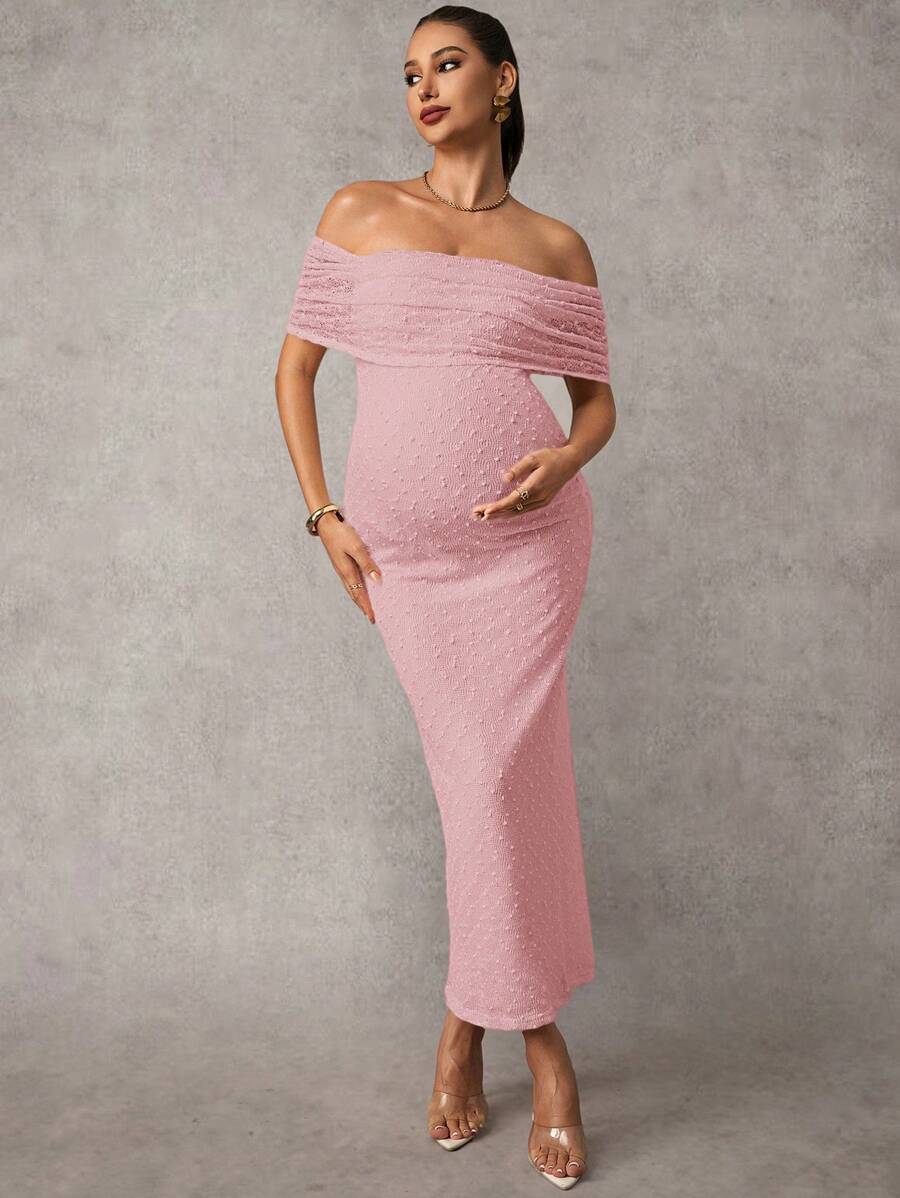 Maternity Off Shoulder Maxi Dress - Bodycon, Cap Sleeve, Apricot, Wedding