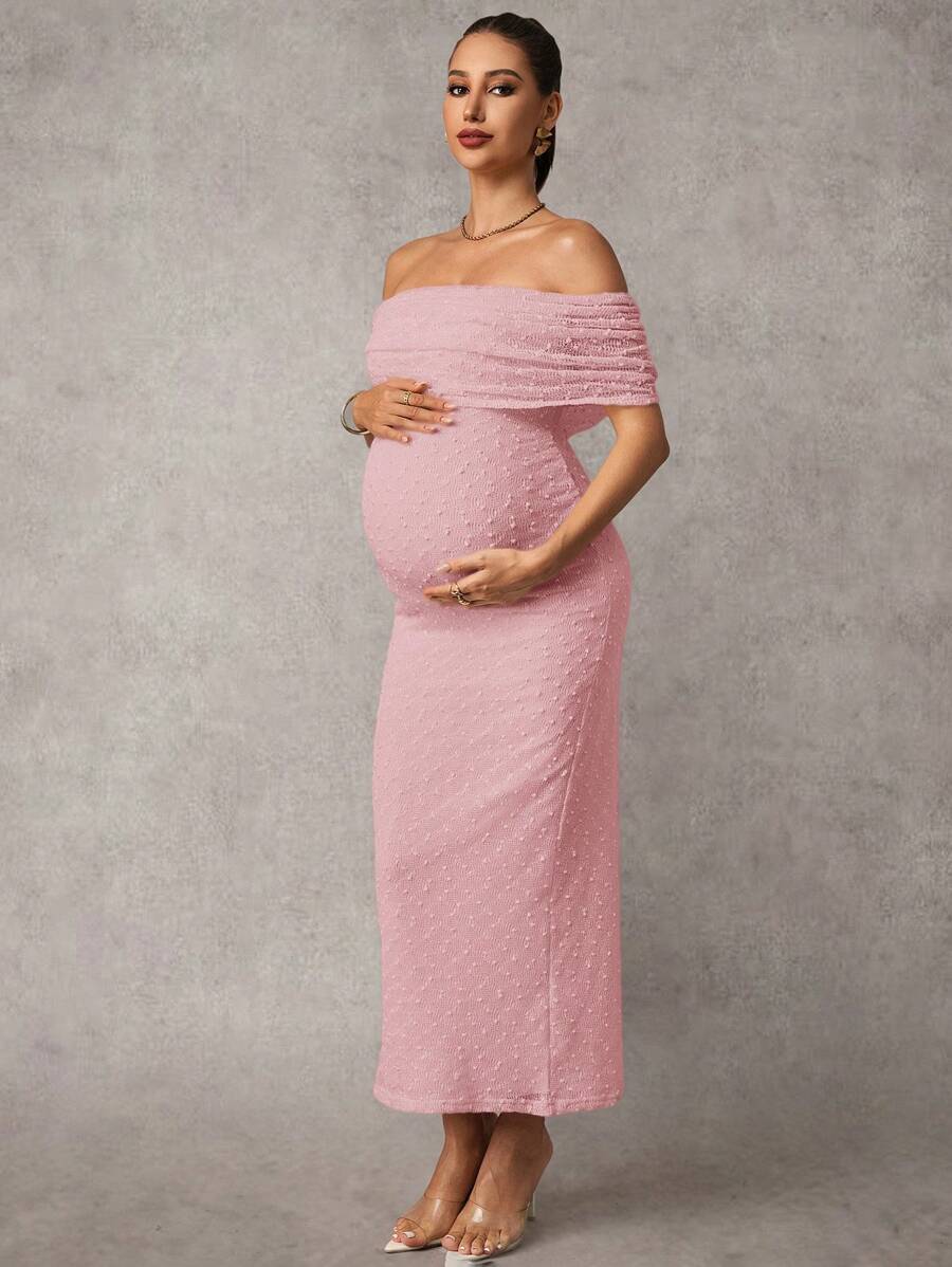 Maternity Off Shoulder Maxi Dress - Bodycon, Cap Sleeve, Apricot, Wedding