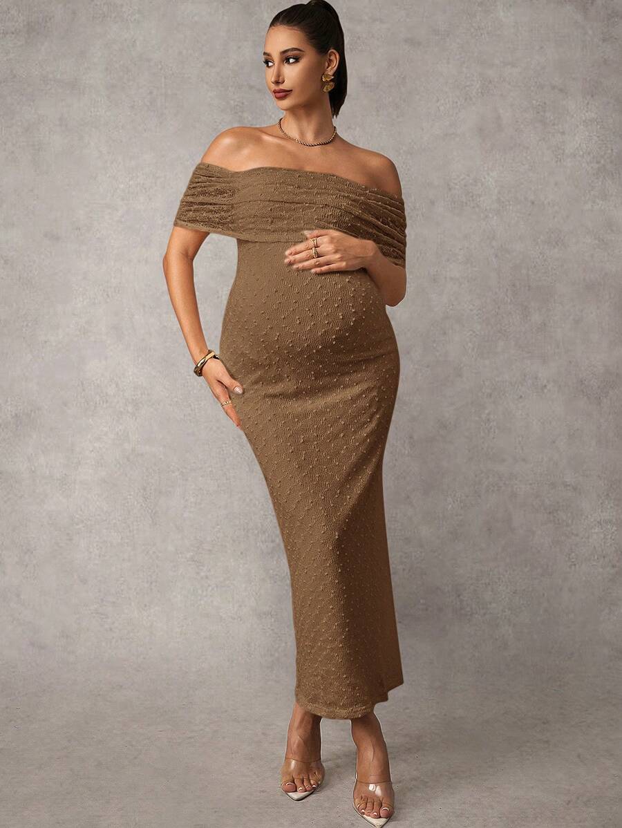 Maternity Off Shoulder Maxi Dress - Bodycon, Cap Sleeve, Apricot, Wedding