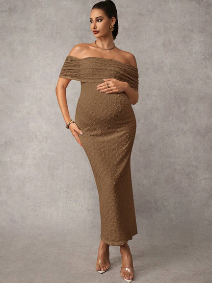 Maternity Off Shoulder Maxi Dress - Bodycon, Cap Sleeve, Apricot, Wedding