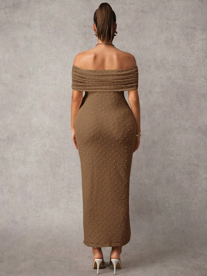 Maternity Off Shoulder Maxi Dress - Bodycon, Cap Sleeve, Apricot, Wedding