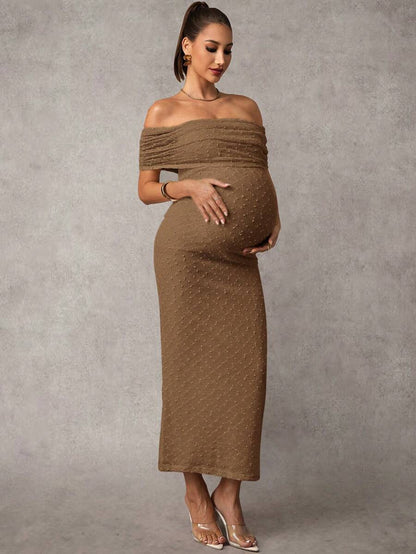 Maternity Off Shoulder Maxi Dress - Bodycon, Cap Sleeve, Apricot, Wedding
