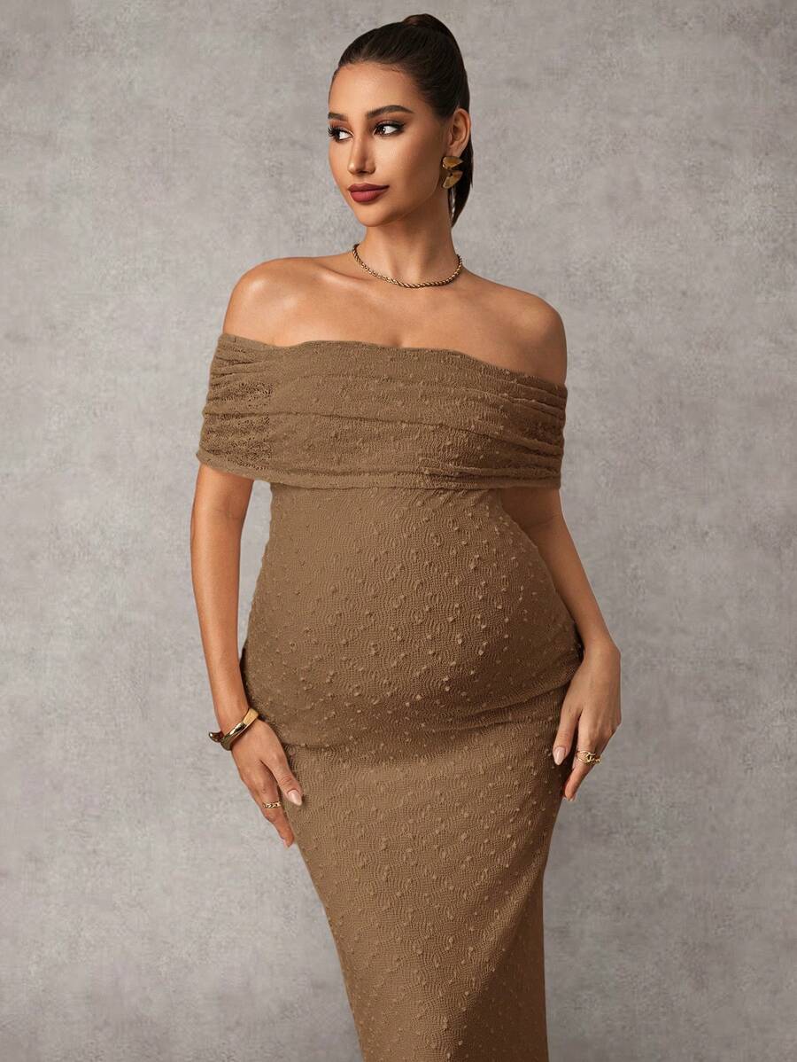 Maternity Off Shoulder Maxi Dress - Bodycon, Cap Sleeve, Apricot, Wedding